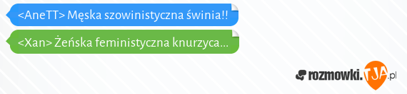 <AneTT> Męska szowinistyczna świnia!!<br><Xan> Żeńska feministyczna knurzyca...