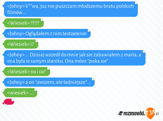 <Johny> k**wa, juz nie puszczam młodszemu bratu polskich filmów....<br><Wiesiek> ?????<br><Johny> Oglądałem z nim testosteron<br><Wiesiek> i?<br><Johny> ... Dzisiaj wszedł do mnie jak sie zabawiałem z marta, a ona była w samym staniku. Ona mówi "puka sie"<br><Wiesiek> no i co?<br><Johny> a on "owszem, ale ładniejsze"...<br><wiesiek> ...<br> 