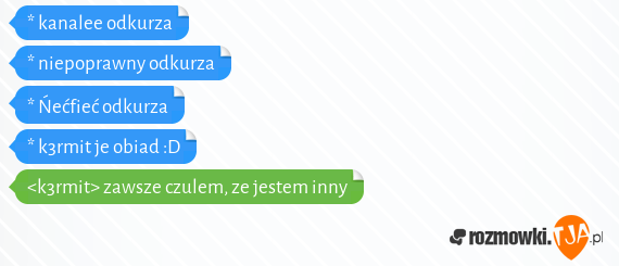 * kanalee odkurza<br>* niepoprawny odkurza<br>* Ńećfieć odkurza<br>* k3rmit je obiad :D<br><k3rmit> zawsze czulem, ze jestem inny