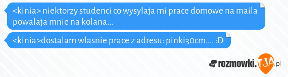 <kinia> niektorzy studenci co wysylaja mi prace domowe na maila powalaja mnie na kolana...<br><kinia>dostalam wlasnie prace z adresu: pinki30cm.... :D