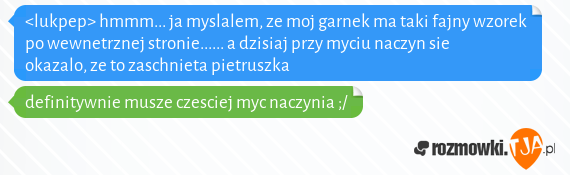 <lukpep> hmmm... ja myslalem, ze moj garnek ma taki fajny wzorek po wewnetrznej stronie...... a dzisiaj przy myciu naczyn sie okazalo, ze to zaschnieta pietruszka<br>definitywnie musze czesciej myc naczynia ;/