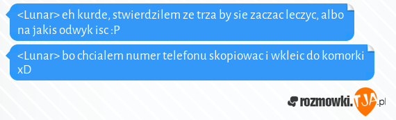 <Lunar> eh kurde, stwierdzilem ze trza by sie zaczac leczyc, albo na jakis odwyk isc :P<br><Lunar> bo chcialem numer telefonu skopiowac i wkleic do komorki xD