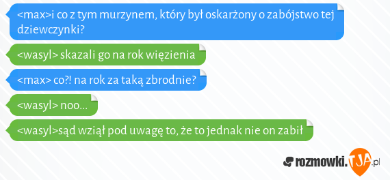 <max>i co z tym murzynem, który był oskarżony o zabójstwo tej dziewczynki?<br><wasyl> skazali go na rok więzienia<br><max> co?! na rok za taką zbrodnie?<br><wasyl> noo...<br><wasyl>sąd wziął pod uwagę to, że to jednak nie on zabił