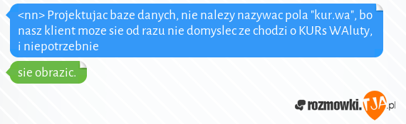 <nn> Projektujac baze danych, nie nalezy nazywac pola "kur.wa", bo nasz klient moze sie od razu nie domyslec ze chodzi o KURs WAluty, i niepotrzebnie <br>sie obrazic.