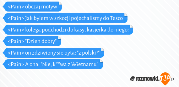 <Pain> obczaj motyw<br><Pain> Jak bylem w szkocji pojechalismy do Tesco<br><Pain> kolega podchodzi do kasy, kasjerka do niego:<br><Pain> "Dzien dobry"<br><Pain> on zdziwiony sie pyta: "z polski?"<br><Pain> A ona: "Nie, k**wa z Wietnamu"