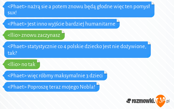 <Phaet> nażrą sie a potem znowu będą głodne więc ten pomysł sux!<br><Phaet> jest inno wyjście bardziej humanitarne<br><llio> znowu zaczynasz<br><Phaet> statystycznie co 4 polskie dziecko jest nie dożywione, tak?<br><llio> no tak<br><Phaet> więc róbmy maksymalnie 3 dzieci<br><Phaet> Poproszę teraz mojego Nobla!