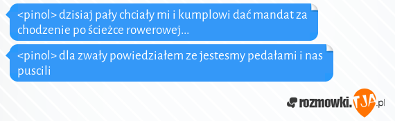 <pinol> dzisiaj pały chciały mi i kumplowi dać mandat za chodzenie po ścieżce rowerowej...<br><pinol> dla zwały powiedziałem ze jestesmy pedałami i nas puscili