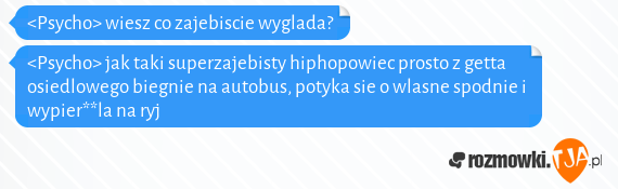 <Psycho> wiesz co zajebiscie wyglada?<br><Psycho> jak taki superzajebisty hiphopowiec prosto z getta osiedlowego biegnie na autobus, potyka sie o wlasne spodnie i wypier**la na ryj