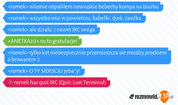 <romek> wlasnie odpalilem nowiuskie bebechy kompa na biurku<br><romek> wszystko wisi w powietrzu, kabelki, dysk, zasilka<br><romek> ale dziala :) nawet IRC smiga<br><ANETKA20> no to gratulacje!<br><romek> tylko kot niebezpiecznie przemieszcza sie miedzy prockiem a browarem :)<br><romek> O TY SIERSCIU jeba*y!<br>-!- romek has quit IRC (Quit: Lost Terminal)