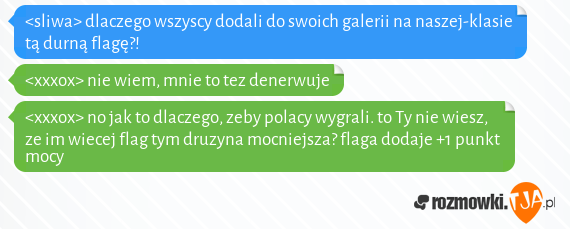 <sliwa> dlaczego wszyscy dodali do swoich galerii na naszej-klasie tą durną flagę?!<br><xxxox> nie wiem, mnie to tez denerwuje<br><xxxox> no jak to dlaczego, zeby polacy wygrali. to Ty nie wiesz, ze im wiecej flag tym druzyna mocniejsza? flaga dodaje  +1 punkt mocy